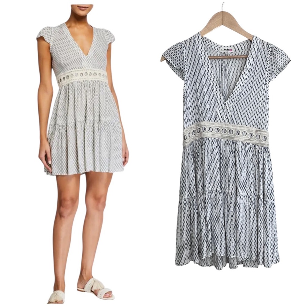 Lemlem Blue White Wibi V-Neck Short Mini Dress Lace Trim XS